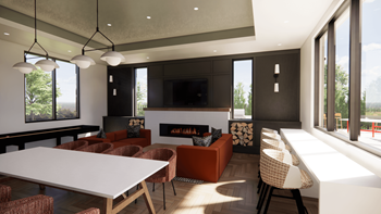 a rendering of a communal area with a fireplace and a large table and chairs